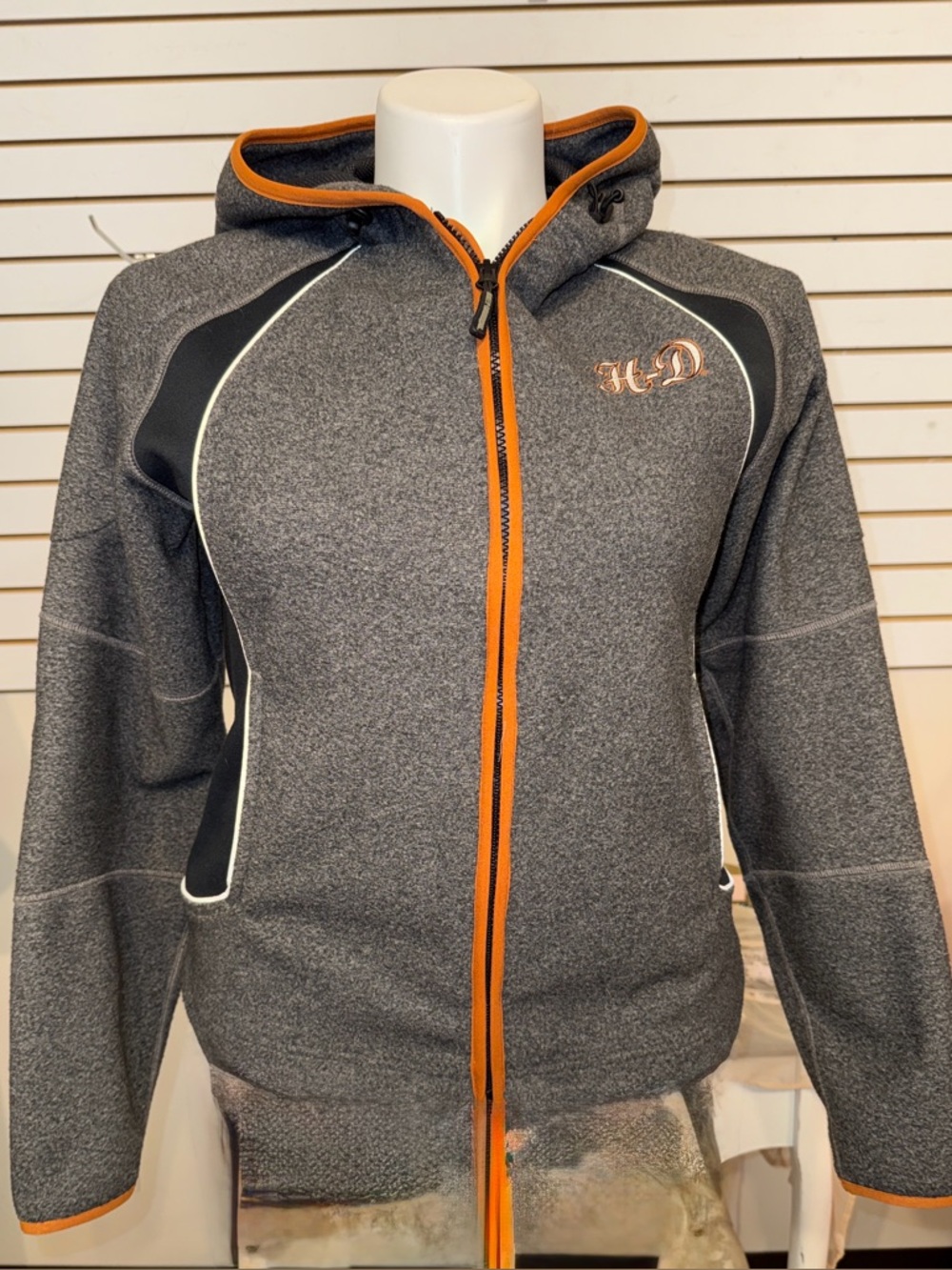 Harley Davidson Women's Gray Zip-Up Hooded Jacket with Orange Trim